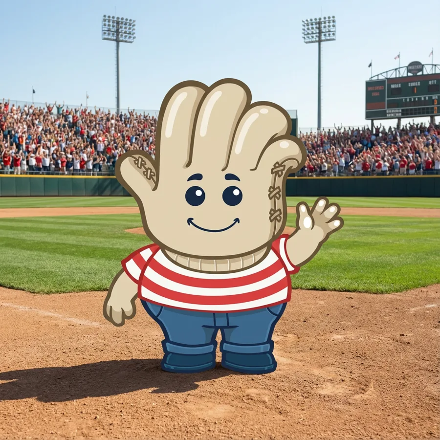 Mr. Chubby, a cartoon baseball glove mascot, waving at home plate